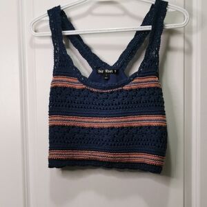 Say What? Navy and Coral Striped Crochet Crop Top